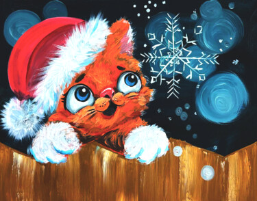 Whimsical Christmas Cat – Original Acrylic Painting Tekening getiteld "Whimsical Christmas…" door Anastasia Kokler, Origineel Kunstwerk, Acryl Gemonteerd op Frame voor houten b…