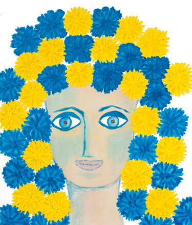 Portrait with yellow dandelions and blue cornflowers Pittura intitolato "Portrait with yello…" da Irina Afonskaya, Opera d'arte originale, Acrilico