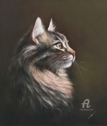 Painting titled "Green eyed cat" by Irene_art, Original Artwork, Pastel