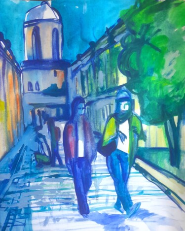 绘画 标题为“Promenade in town” 由Alexey Zhucovsky, 原创艺术品, 水彩