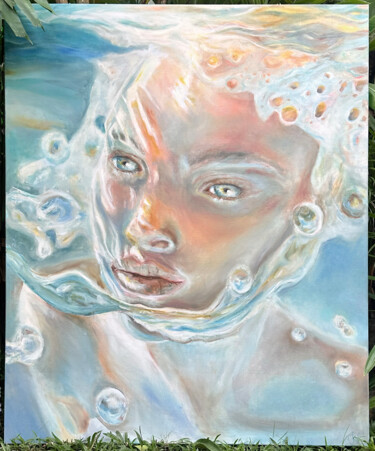 Blue Eyes Woman in Ocean (Water) — Large Oil Painting Картина под названием "Blue Eyes Woman in…" - Rimma Mantika, Подлинное произведение искусства, Масло Установлен на Деревянна…