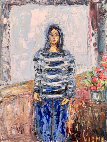 Girl In Striped Shirt Oil Painting On Canvas Board Portrait Картина под названием "Girl In Striped Shi…" - Vilma Gataveckiene, Подлинное произведение искусства, Масло