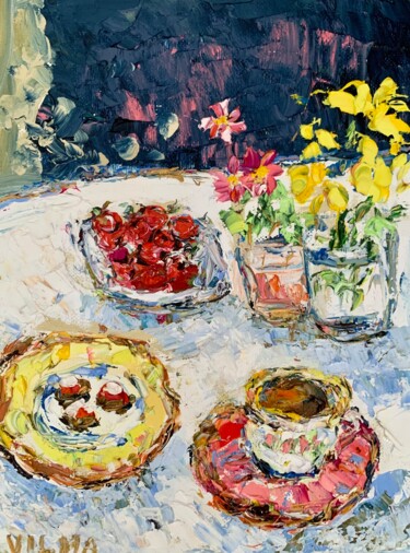 Summer Still Life With Flowers And Cherries Oil Painting Картина под названием "Summer Still Life W…" - Vilma Gataveckiene, Подлинное произведение искусства, Масло