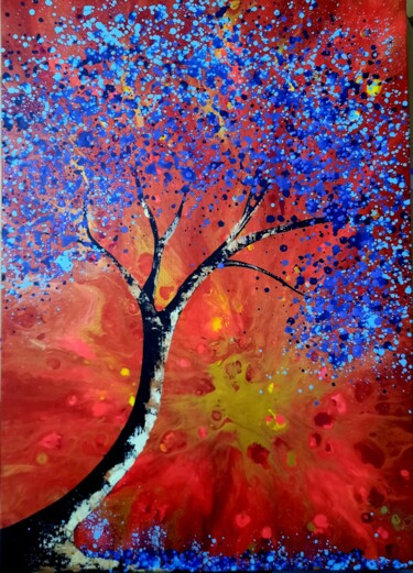 Painting titled "L'arbre bleu" by Marie-Christine Maudet, Original Artwork, Acrylic Mounted on Wood Stretcher frame