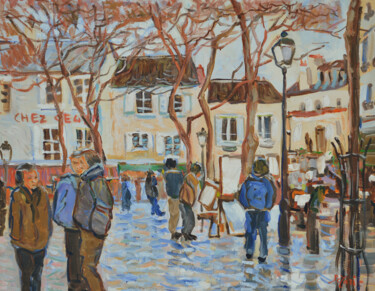 Painting titled "Place du Tertre en…" by Patrick Marie, Original Artwork, Oil Mounted on Wood Stretcher frame