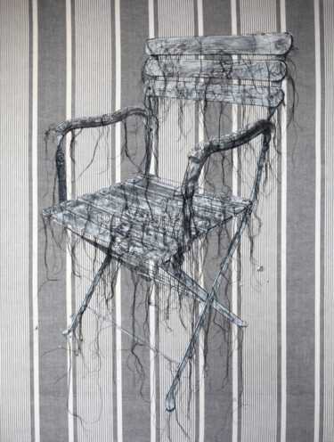Art textile intitulée "Le pliant de Madele…" par Odile Guichard, Œuvre d'art originale, Broderie Monté sur Châssis en bois