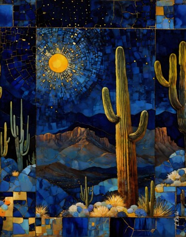 Schilderij getiteld "Cactus noche 2" door L.Roche, Origineel Kunstwerk, Acryl Gemonteerd op Andere stijve panelen