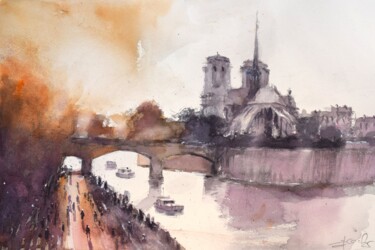 "Notre  Dame sunset" başlıklı Tablo Goran Žigolić (watercolors) tarafından, Orijinal sanat, Suluboya