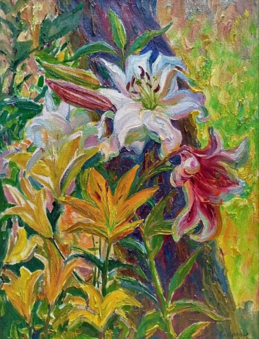 绘画 标题为“Blooming Lilies” 由Leonid Pavlenko, 原创艺术品, 油 安装在木质担架架上
