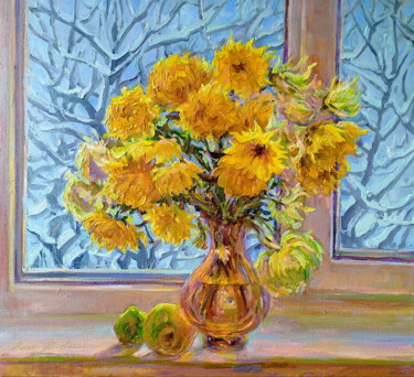 Yellow Chrysanthemums 绘画 标题为“Yellow Chrysanthemu…” 由Leonid Pavlenko, 原创艺术品, 油 安装在木质担架架上