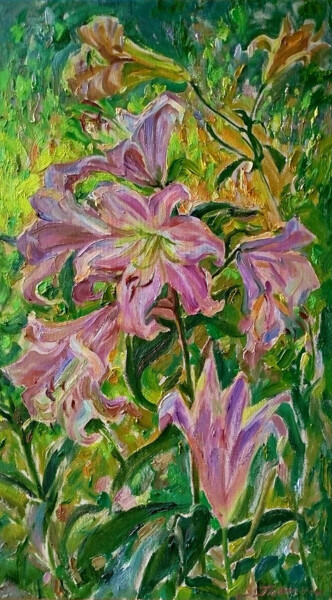 绘画 标题为“Pink Lilies” 由Leonid Pavlenko, 原创艺术品, 油 安装在木质担架架上