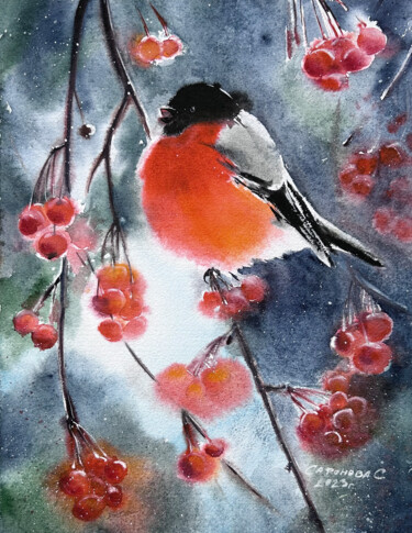 Bullfinch on a branch 「Bullfinch on a bran…」というタイトルの絵画 Svetlana Safonovaによって, オリジナルのアートワーク, 水彩画