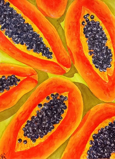 Schilderij getiteld "Papaya" door Kateryna Bakumenko, Origineel Kunstwerk, Aquarel Gemonteerd op Karton