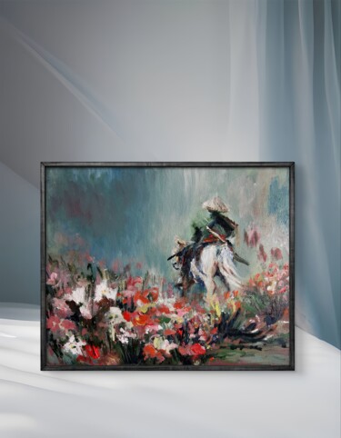Dreamy Horse Rider Oil Painting – Ethereal Landscape Art 绘画 标题为“Dreamy Horse Rider…” 由Aloosan, 原创艺术品, 油 安装在木质担架架上