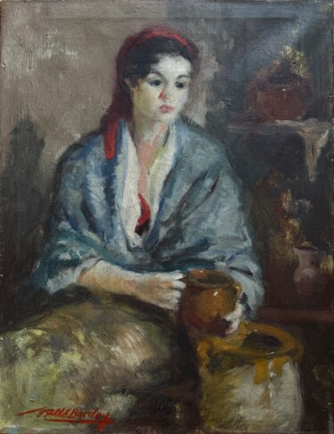 Painting titled "Mujer con cántaro" by Antoni Valls Bordoy, Original Artwork, Oil Mounted on Wood Stretcher frame