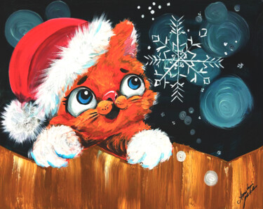 绘画 标题为“PrintChristmas Cat…” 由Anastasia Kokler, 原创艺术品, 丙烯 安装在木板上