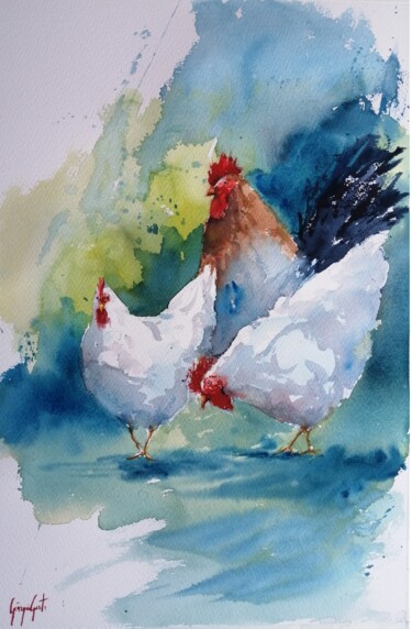 Pittura intitolato "roosters and hens 8" da Giorgio Gosti, Opera d'arte originale, Acquarello
