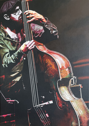 Pittura intitolato "Contrebassiste Pf" da Dominique Boucher, Opera d'arte originale, Acrilico Montato su Telaio per barella…