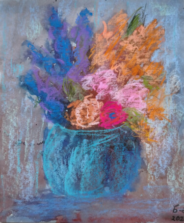 "Vibrant Blooms in Blue Vase" – Soft Pastel Floral Painting 제목이 ""Vibrant Blooms in…"인 미술작품 Nino Gudadze로, 원작, 파스텔