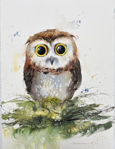 绘画 标题为“The Curious Owl” 由Eugenia Gorbacheva, 原创艺术品, 水彩