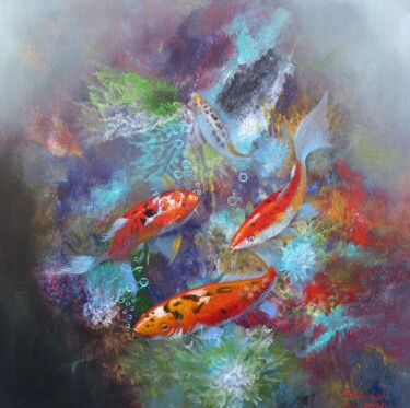 Ballet of the Koi 绘画 标题为“Ballet of the Koi” 由Jihea Kim, 原创艺术品, 油 安装在木质担架架上