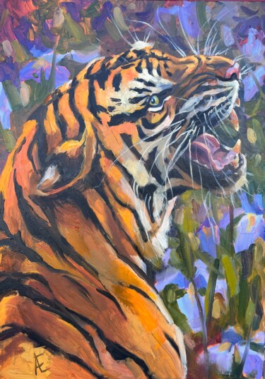 Tigre dans les iris, peinture à l'huile. 绘画 标题为“Tigre dans les iris…” 由Elena Recondo, 原创艺术品, 油 安装在木质担架架上