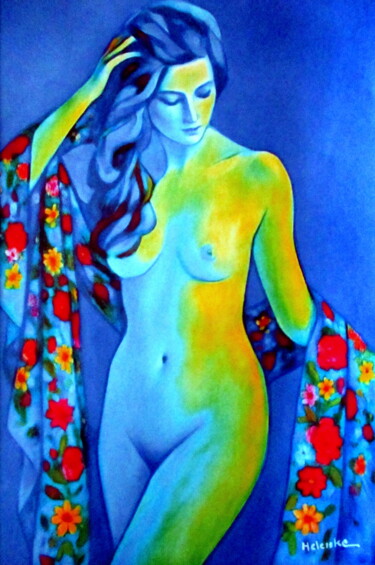 "Blue Nude With Floral Veil" 绘画 标题为“"Blue Nude With Flo…” 由Helena Wierzbicki, 原创艺术品, 丙烯