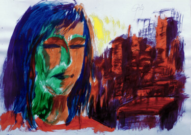 Portrait in Falschfarben vor Stadt. Painting titled "Portrait in Falschf…" by Götz Wiedenroth, Original Artwork, Tempera
