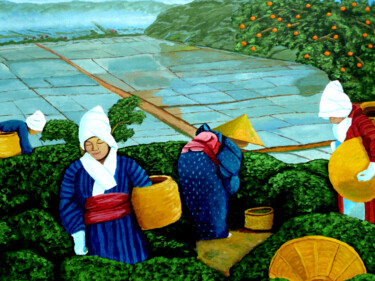 绘画 标题为“Edo Tea Harvest” 由Anthony Dunphy, 原创艺术品, 丙烯 安装在纸板上