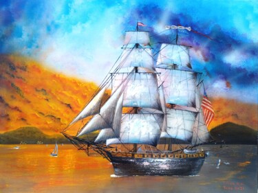 Painting titled "Voyage at Sunset" by Jihea Kim, Original Artwork, Acrylic Mounted on Wood Stretcher frame