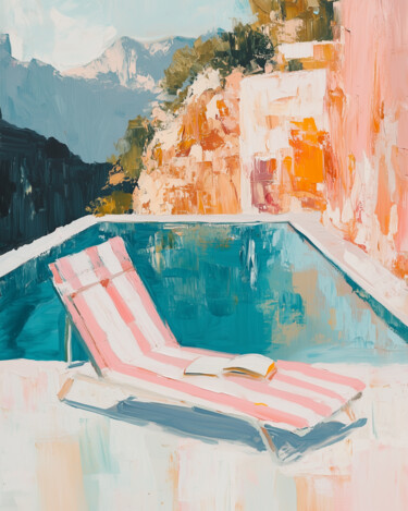 Landscape with pool and chaise lounge, summer calm mood Artes digitais intitulada "Landscape with pool…" por Milouu, Obras de arte originais, Pintura digital