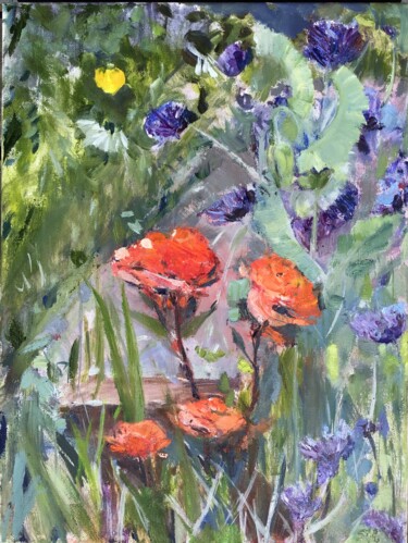 Painting titled "Roses, cornflowers,…" by Sandra Haney, Original Artwork, Oil Mounted on Wood Stretcher frame