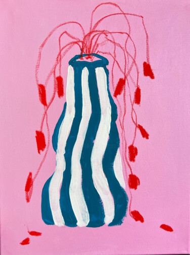Emerald Stripes Red Blooms (2025) Pintura titulada "Emerald Stripes Red…" por Sasha Robinson, Obra de arte original, Acrílico