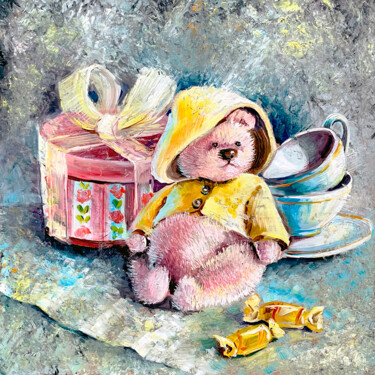 Bear in Yellow Raincoat 绘画 标题为“Bear in Yellow Rain…” 由Yerkezhan Kamentayeva, 原创艺术品, 油