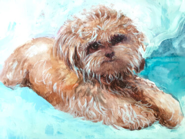 Fluffy Dog Relaxing by Tranquil Sea 绘画 标题为“Fluffy Dog Relaxing…” 由Yerkezhan Kamentayeva, 原创艺术品, 丙烯