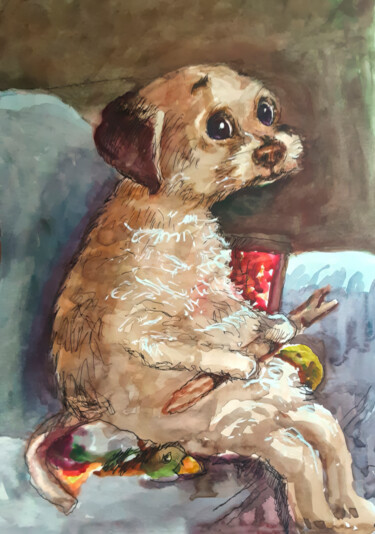 happy puppy in red Schilderij getiteld "happy puppy in red" door Yerkezhan Kamentayeva, Origineel Kunstwerk, Olie