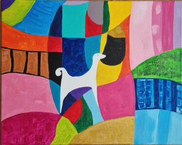 Painting titled "The Dog in the Drea…" by Iuliia Batsyna, Original Artwork, Acrylic Mounted on Wood Stretcher frame