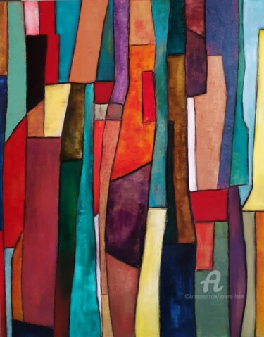Painting titled "RUBANS-" by Valerie Helm, Original Artwork, Oil Mounted on Wood Stretcher frame