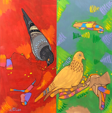 Painting titled "OISEAUX PIQUENT LES…" by Andrés Calderón Sánchez, Original Artwork, Acrylic Mounted on Cardboard