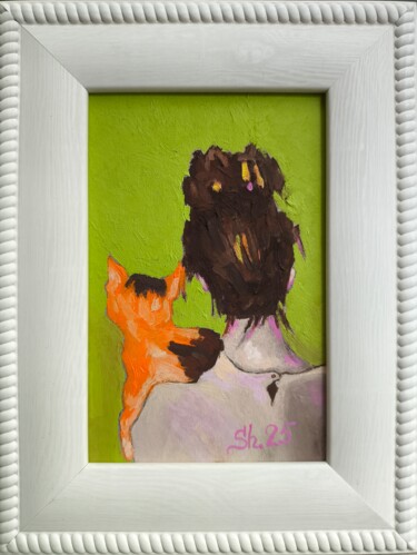 Original Oil Painting Framed Women with Cat Female Faceless 제목이 "Original Oil Painti…"인 미술작품 Svetlana Sindere로, 원작, 기름 판지에 장착됨
