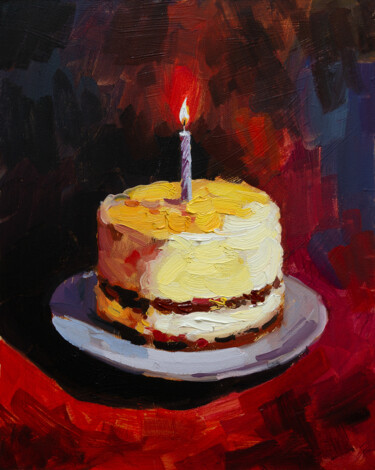 Cake with a Candle Painting titled "Cake with a Candle" by Serhii Zavadenko, Original Artwork, Oil