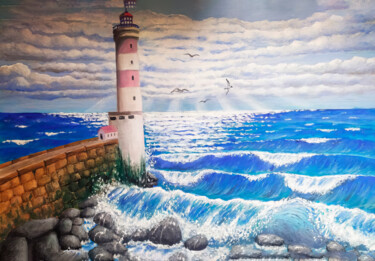 Lighthouse By The Ocean Schilderij getiteld "Lighthouse By The O…" door Yerkezhan Kamentayeva, Origineel Kunstwerk, Olie