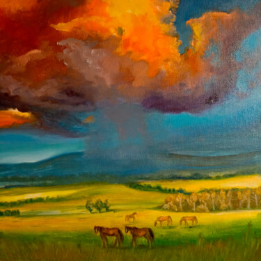 Horses in Vibrant Landscape 绘画 标题为“Horses in Vibrant L…” 由Yerkezhan Kamentayeva, 原创艺术品, 丙烯