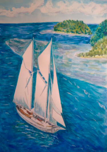 Sailboat on Water Schilderij getiteld "Sailboat on Water" door Yerkezhan Kamentayeva, Origineel Kunstwerk, Olie