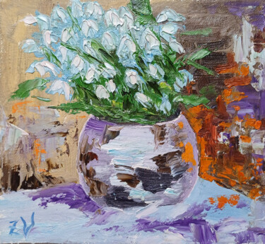 Delicate Snowdrops. 绘画 标题为“Delicate Snowdrops.” 由Zina Vysota, 原创艺术品, 油 安装在纸板上