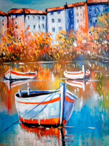 绘画 标题为“Boats on a Colorful…” 由Yerkezhan Kamentayeva, 原创艺术品, 油