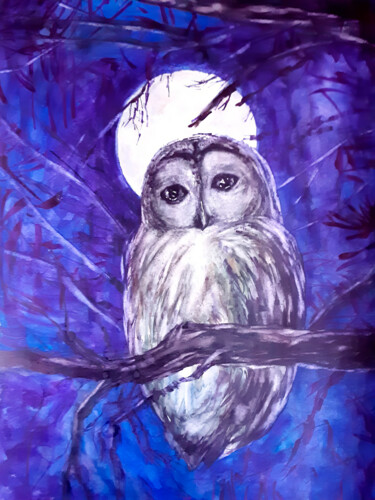 Painting titled "Owl Under Full Moon" by Yerkezhan Kamentayeva, Original Artwork, Oil