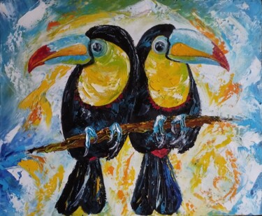 Painting titled "couple de TOUCAN" by Raphael Marras, Original Artwork, Oil Mounted on Wood Stretcher frame