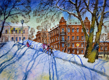 Children Playing on Winter Hill 绘画 标题为“Children Playing on…” 由Yerkezhan Kamentayeva, 原创艺术品, 油