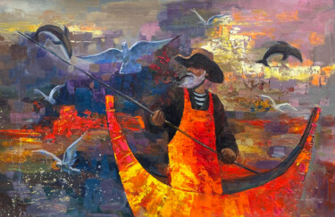 Fisherman in Canoe 绘画 标题为“Fisherman in Canoe” 由Yerkezhan Kamentayeva, 原创艺术品, 丙烯